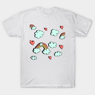 Rainbow Clouds Hearts Pattern T-Shirt